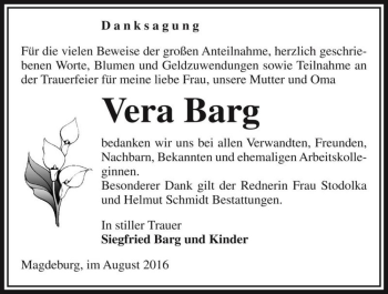 Traueranzeige von Vera Barg  von Magdeburger Volksstimme