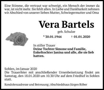 Traueranzeige von Vera Bartels (geb. Schulze)  von Magdeburger Volksstimme