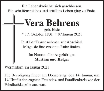 Traueranzeige von Vera Behrends (geb. Elste)  von Magdeburger Volksstimme