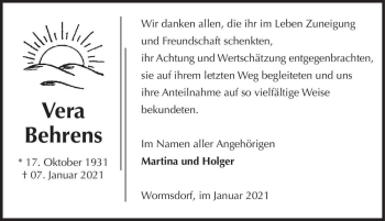 Traueranzeige von Vera Behrens  von Magdeburger Volksstimme