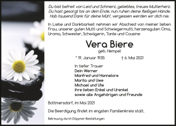 Traueranzeige von Vera Biere (geb. Hempel)  von Magdeburger Volksstimme