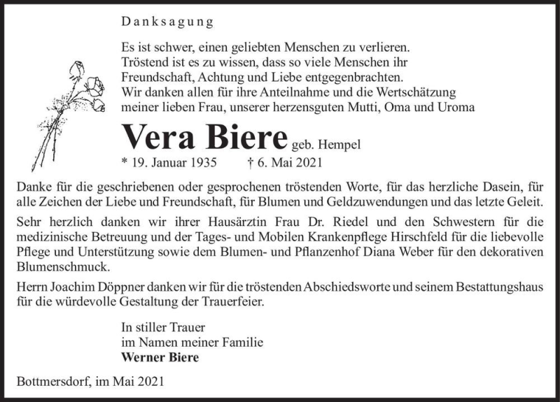  Traueranzeige für Vera Biere (geb. Hempel)  vom 22.05.2021 aus Magdeburger Volksstimme