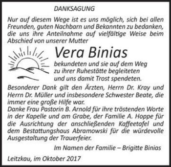 Traueranzeige von Vera Binias  von Magdeburger Volksstimme