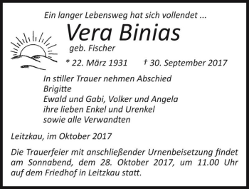 Traueranzeige von Vera Binias (geb. Fischer)  von Magdeburger Volksstimme