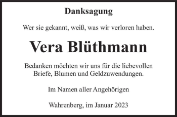Traueranzeige von Vera Blüthmann  von Magdeburger Volksstimme