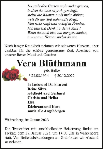 Traueranzeige von Vera Blüthmann (geb. Balke)  von Magdeburger Volksstimme