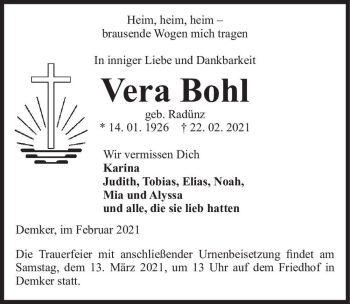 Traueranzeige von Vera Bohl (geb. Radünz)  von Magdeburger Volksstimme