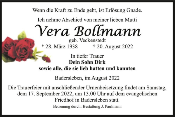 Traueranzeige von Vera Bollmann (geb. Veckenstedt)  von Magdeburger Volksstimme