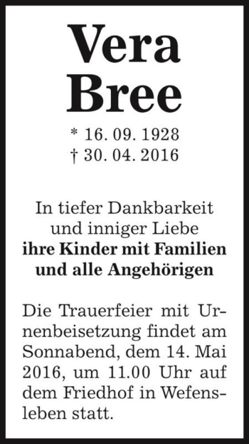 Traueranzeige von Vera Bree  von Magdeburger Volksstimme