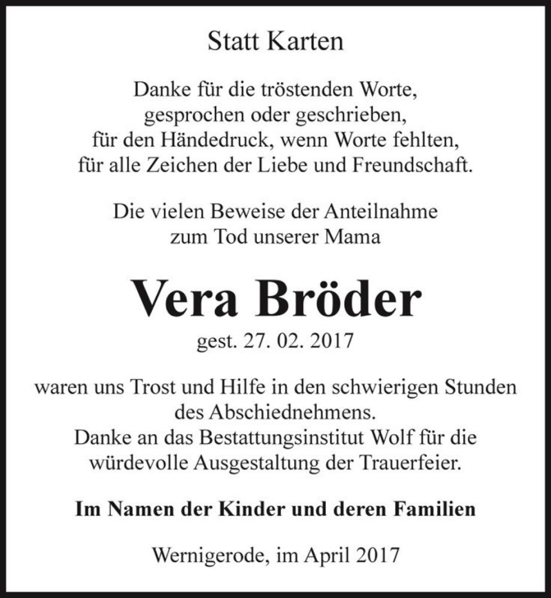  Traueranzeige für Vera Bröder  vom 20.04.2017 aus Magdeburger Volksstimme