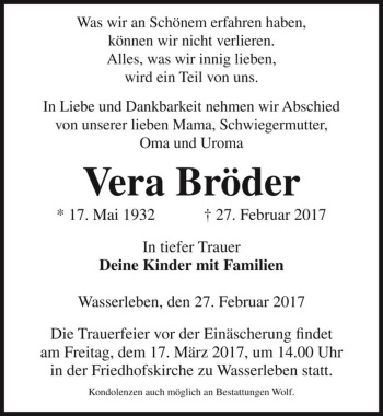 Traueranzeige von Vera Bröder  von Magdeburger Volksstimme