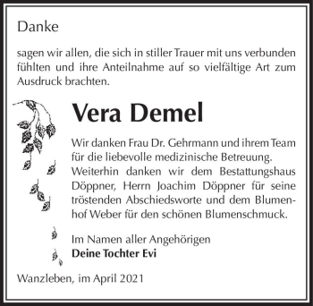 Traueranzeige von Vera Demel  von Magdeburger Volksstimme