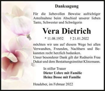 Traueranzeige von Vera Dietrich  von Magdeburger Volksstimme