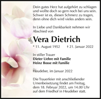 Traueranzeige von Vera Dietrich  von Magdeburger Volksstimme