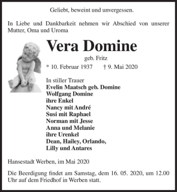 Traueranzeige von Vera Domine (geb. Fritz)  von Magdeburger Volksstimme