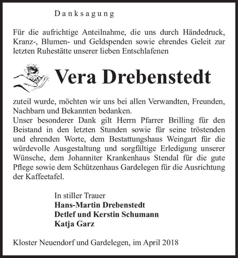  Traueranzeige für Vera Drebenstedt  vom 20.04.2018 aus Magdeburger Volksstimme