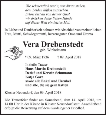 Traueranzeige von Vera Drebenstedt (geb. Winkelmann)  von Magdeburger Volksstimme