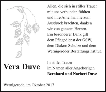 Traueranzeige von Vera Duve  von Magdeburger Volksstimme