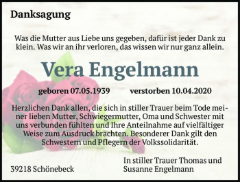 Traueranzeige von Vera Engelmann  von Magdeburger Volksstimme