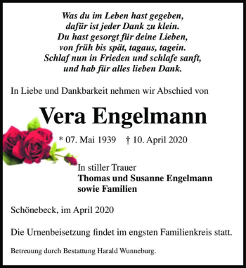 Traueranzeige von Vera Engelmann  von Magdeburger Volksstimme