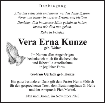 Traueranzeige von Vera Erna Kunze (geb. Wolter)  von Magdeburger Volksstimme