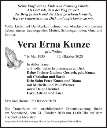 Traueranzeige von Vera Erna Kunze (geb. Wolter)  von Magdeburger Volksstimme
