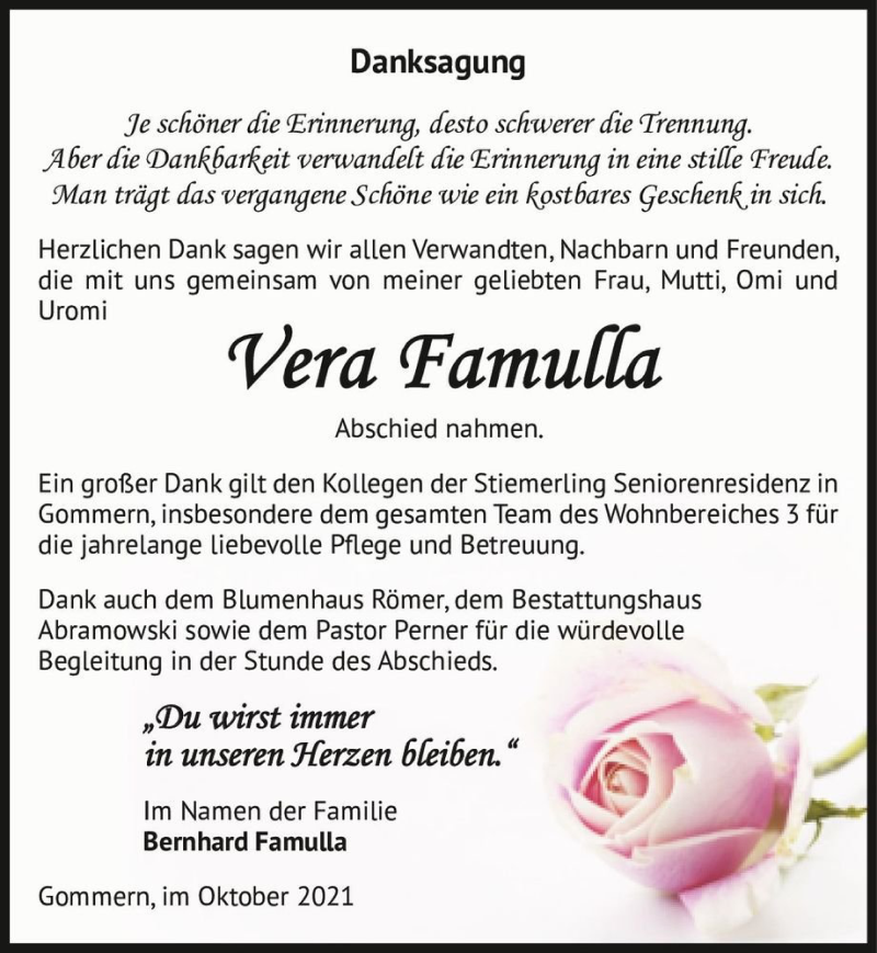  Traueranzeige für Vera Famulla  vom 09.10.2021 aus Magdeburger Volksstimme