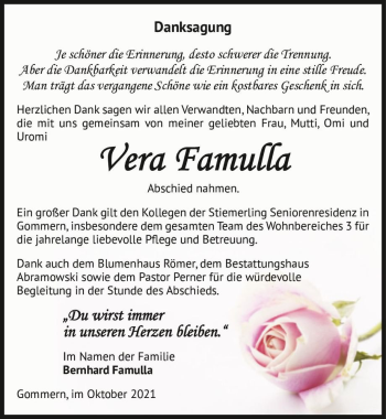 Traueranzeige von Vera Famulla  von Magdeburger Volksstimme