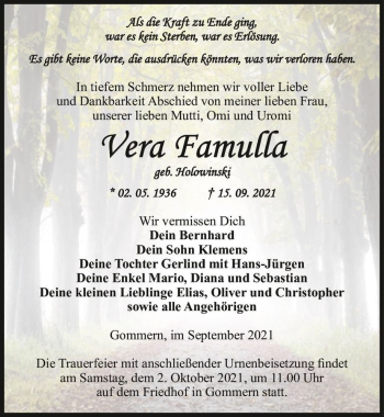 Traueranzeige von Vera Famulla (geb. Holowinski)  von Magdeburger Volksstimme