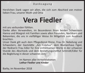 Traueranzeige von Vera Fiedler  von Magdeburger Volksstimme