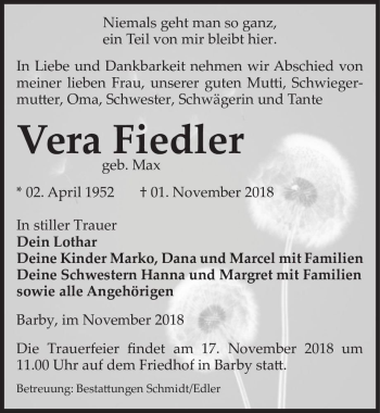 Traueranzeige von Vera Fiedler (geb. Max)  von Magdeburger Volksstimme
