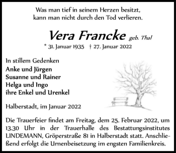 Traueranzeige von Vera Francke (geb. Thal)  von Magdeburger Volksstimme