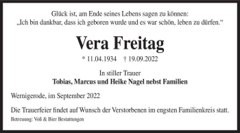 Traueranzeige von Vera Freitag  von Magdeburger Volksstimme