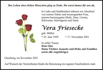 Traueranzeige von Vera Friesecke (geb. Müller)  von Magdeburger Volksstimme