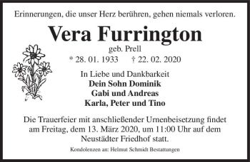 Traueranzeige von Vera Furrington (geb. Prell)  von Magdeburger Volksstimme