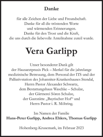 Traueranzeige von Vera Garlipp  von Magdeburger Volksstimme