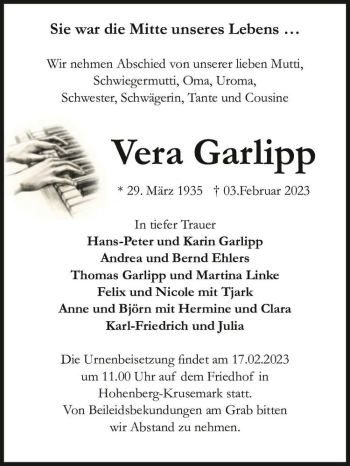 Traueranzeige von Vera Garlipp  von Magdeburger Volksstimme