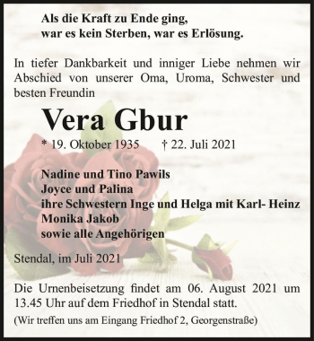 Traueranzeige von Vera Gbur  von Magdeburger Volksstimme