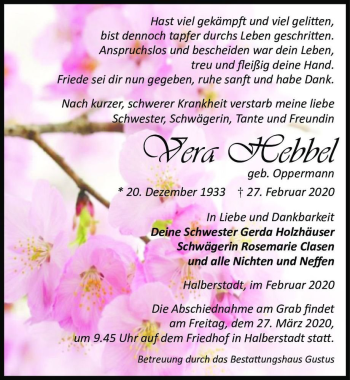 Traueranzeige von Vera Hebbel (geb. Oppermann)  von Magdeburger Volksstimme