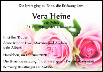 Traueranzeige von Vera Heine (geb. Rohde)  von Magdeburger Volksstimme