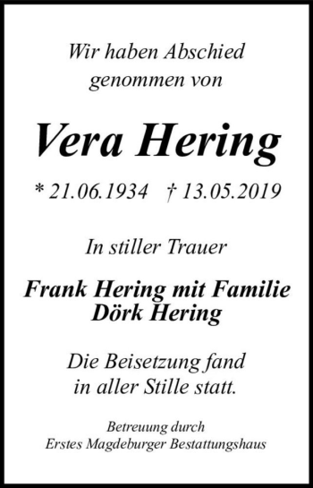 Traueranzeige von Vera Hering  von Magdeburger Volksstimme