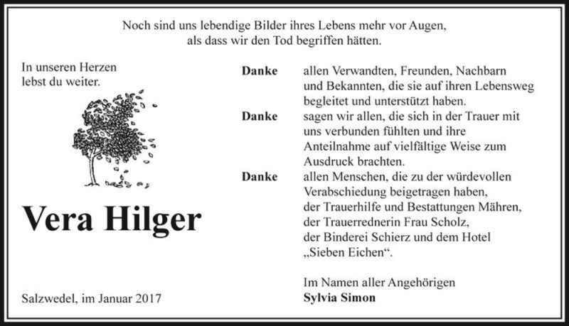  Traueranzeige für Vera Hilger  vom 28.01.2017 aus Magdeburger Volksstimme