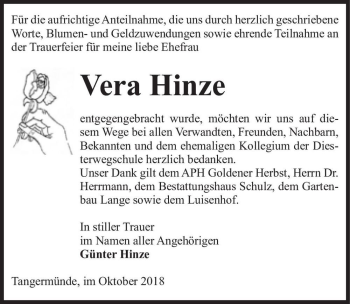 Traueranzeige von Vera Hinze  von Magdeburger Volksstimme