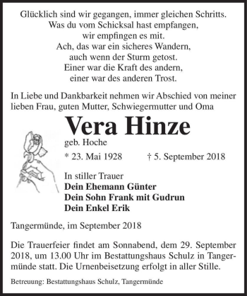 Traueranzeige von Vera Hinze (geb. Hoche)  von Magdeburger Volksstimme
