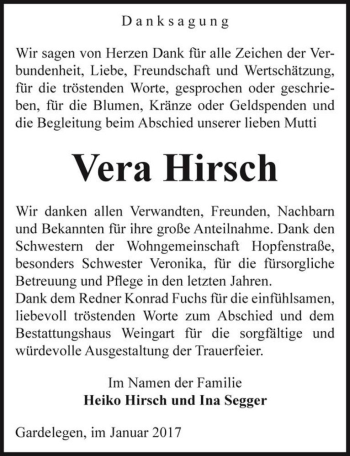 Traueranzeige von Vera Hirsch  von Magdeburger Volksstimme