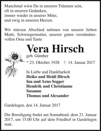 Traueranzeige von Vera Hirsch (geb. Günther)  von Magdeburger Volksstimme