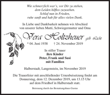 Traueranzeige von Vera Holtzheuer (geb. Licht)  von Magdeburger Volksstimme