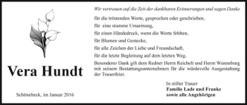 Traueranzeige von Vera Hundt  von Magdeburger Volksstimme