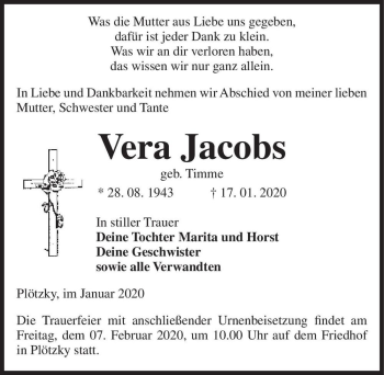 Traueranzeige von Vera Jacobs (geb. Timme)  von Magdeburger Volksstimme