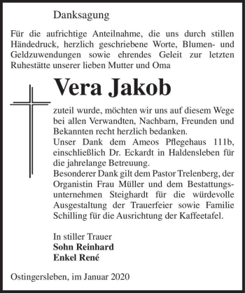 Traueranzeige von Vera Jakob  von Magdeburger Volksstimme